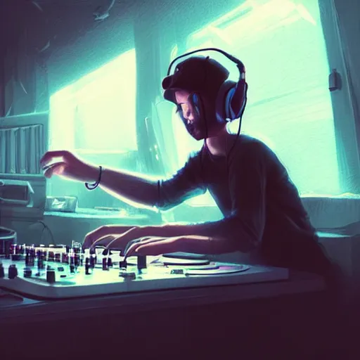 Image similar to hand drawn cute hardcore music dj, playing music for online streaming, detailed face, concept art, low angle, high detail, warm lighting, volumetric, godrays, vivid, beautiful, trending on artstation, by jordan grimmer, huge scene, art greg rutkowski