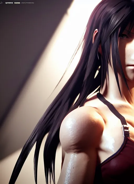 Prompt: 3 / 4 view of a portrait of tifa from final fantasy vii remake, evangelion, au naturel, hyper detailed, digital art, trending in artstation, cinematic lighting, studio quality, smooth render, frostbite 3 engine rendered, art style by klimt and nixeu and ian sprigger and wlop and krenz cushart