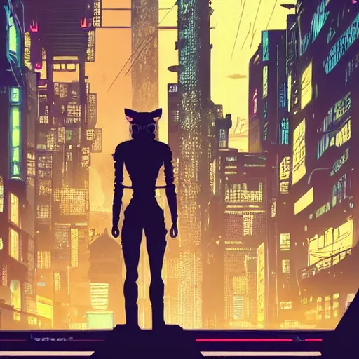 Image similar to high detailed cat in a cyberpunk city at night with a torii in the background by Josan Gonzalez, high quality, 4K, UHD, trending on ArtStation, blade runner vibes, ghost in the shell, akira, dorohedoro