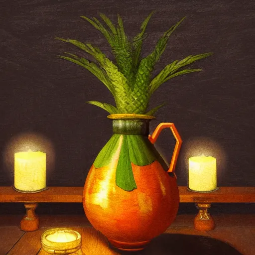 Prompt: still art, antique jug with palms inside on wooden antique table, old candle, much vegetables, lemon, orange, pepper, cinematic light, contrast shadows, dark light, detailed, digital art, concept art, trending on artstation, highly detailed, intricate, sharp focus, digital art, 8 k