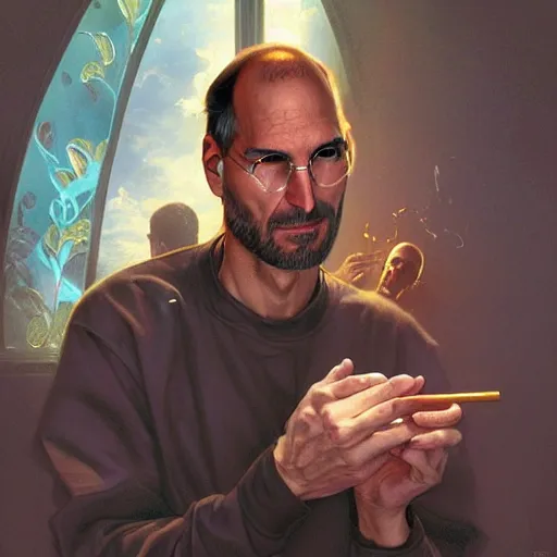 Image similar to Portrait of steve jobs and tupac smoking pot in heaven, intricate, highly detailed, digital painting, artstation, concept art, smooth, sharp focus, art by artgerm and greg rutkowski and alphonse mucha