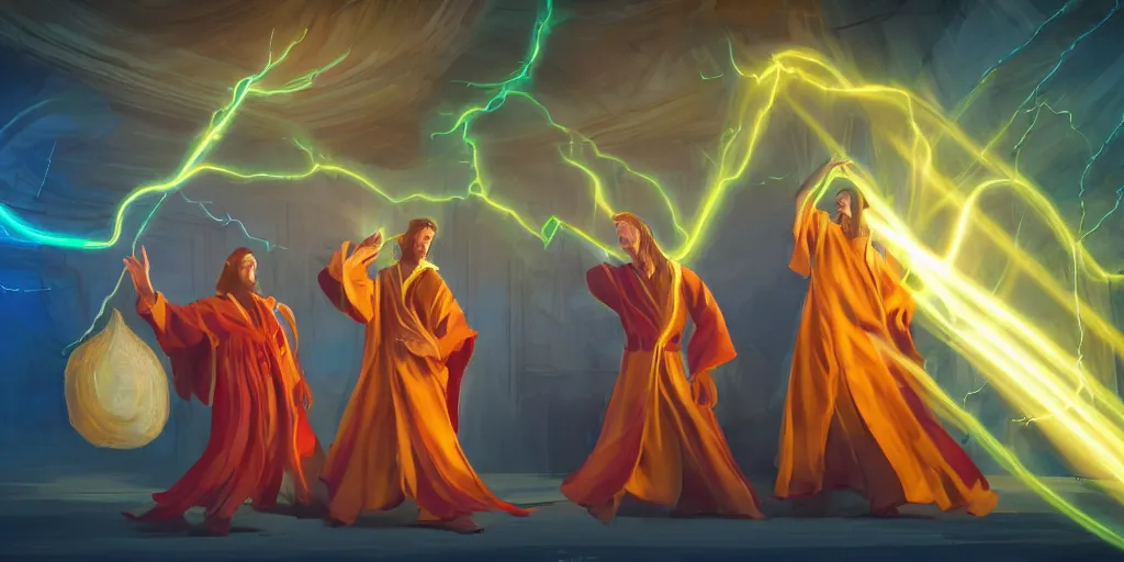 Prompt: two brother mages in robes, they are in a workshop in front of a desk working on a new spell that is casting out flowing energy. colorful, flowing energy, light rays, medium shot, waist up, sharp, concept art, highly detailed, bloom, dramatic lighting, cinematic, by dreamworks