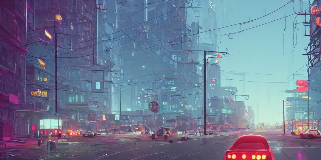 Prompt: city, building, cars, neon lights, dystopia, park tree, people, happy town, close view of street, fish eye view lens , by Goro Fujita and Simon Stalenhag , 8k, trending on artstation, hyper detailed, cinematic