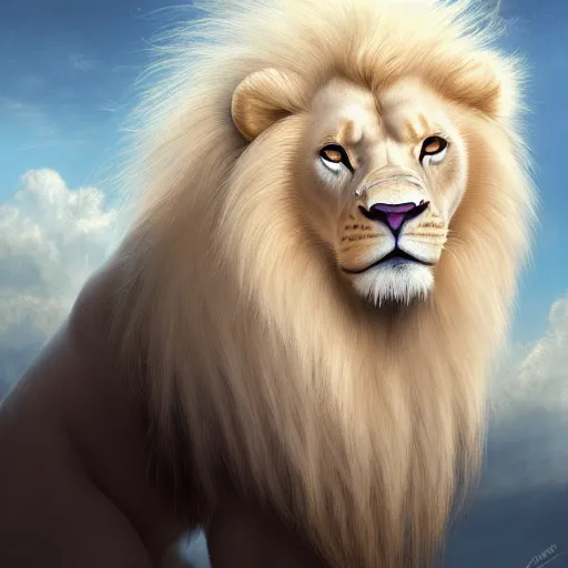 Image similar to a beautfiul aesthetic commission portrait of a anthro albino lion looking at the sky worried,attractive beautiful face,detailes face,expression,natural lighting,fantasy art,deviantart,artstation,character design by charles bowater,ross tran,4k,photorealistic,heaven-like,greg rutkowski