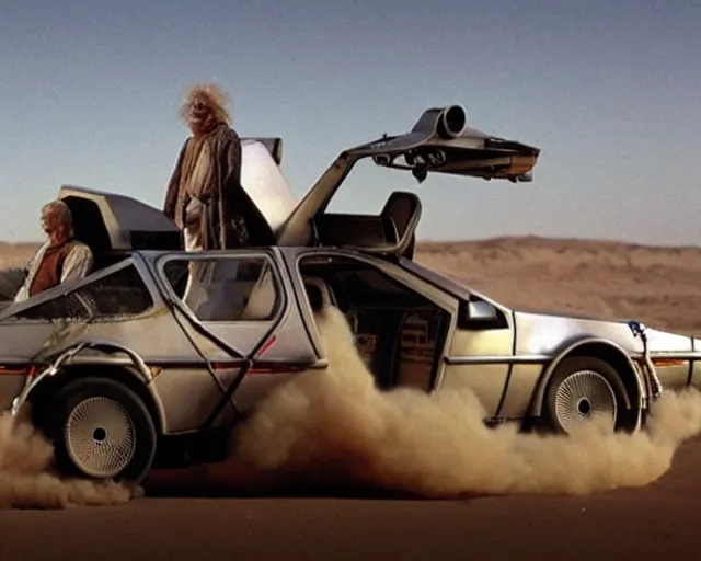 Image similar to doc brown and the delorean encounter the jawas on tatooine