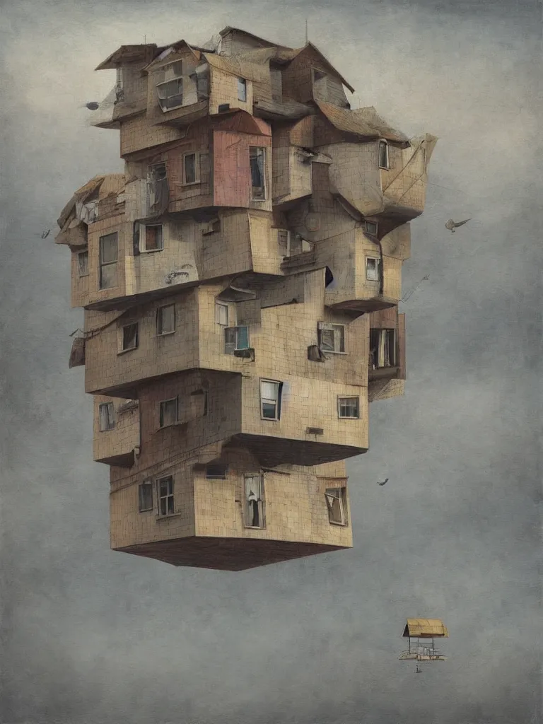 Prompt: artist cinta vidal painting on wooden canvas of house floating in the air,