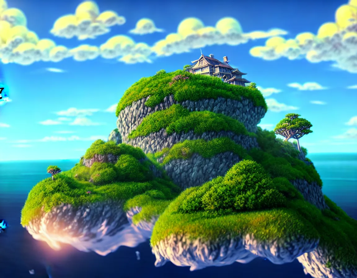 Image similar to ultra realistic illustration of magical island floating in the sky, serene evening atmosphere, soft lens, soft light, cel - shading, animation, in the style of cgsociety, deviantart, artstation, zbrush, cinema 4 d, studio ghibli, akihiko yoshida, atelier lulua, masamune shirow