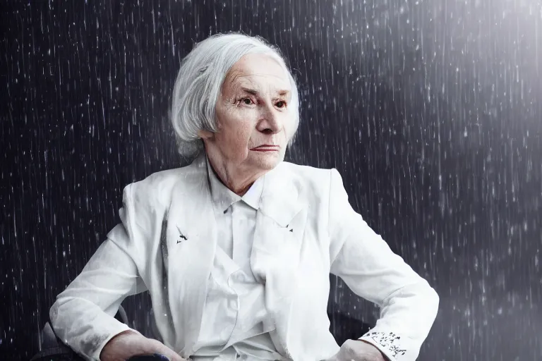 Prompt: a realistic cinematic headshot portrait of an old woman, wearing futuristic white suit in a skyscaper office, 4 k, ultra realistic, dramatic lighting, rain, clouds, fog, vogue, fashion, magazine spread, by annie leibovitz