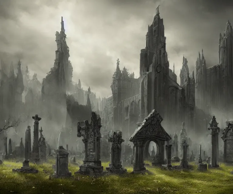 Image similar to a city of tombs and tombstones, graveyard landscape, ghostly spirits, giant grave structures, giant tomb structures, bloodborne, dark fantasy, digital art, fantasy art