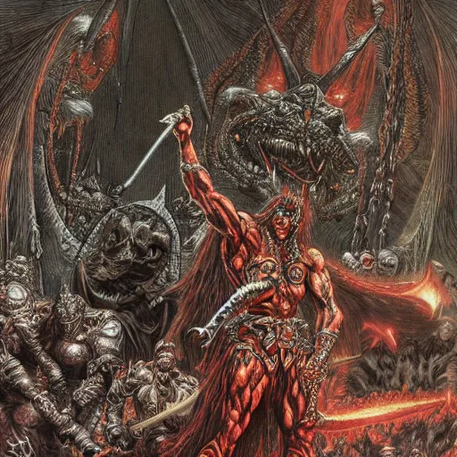 Image similar to arnold swarchenegger with giant sword fights ugly demon, intricate detailed dark fantasy art by kentaro miura, gustave dore, jean giraud, philippe druillet