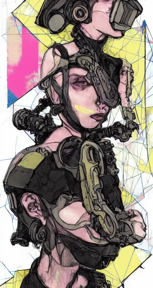 Image similar to full page scan, detailed concept art, Renaissance style, illustration, decay, mathematics and geometry, human, aesthetic, saturated, yellow and pink, vr headset, debased, portrait of a female cyborg cyberpunk gutter punk wearing vr goggles in the style of blame! manga