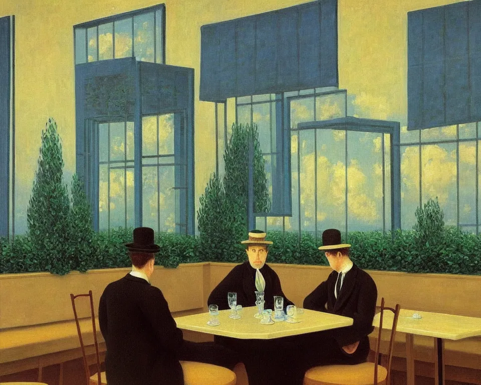 Image similar to achingly beautiful painting of a sophisticated, well - decorated modern cafe by rene magritte, monet, and turner. whimsical.