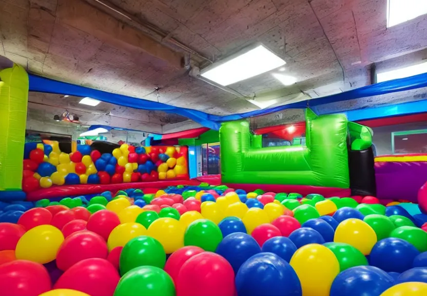 Image similar to A bouncy house with a ball pit and there is a black trampoline next to the ball pit inside a big empty room with light coming through windows