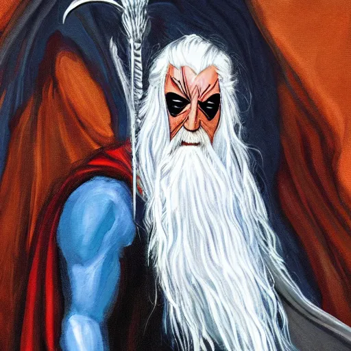 Image similar to gandalf as spiderman, painting