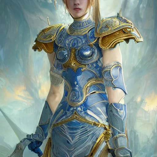 Image similar to portrait knights of Zodiac girl, Chinese Blue and white porcelain color reflected armor, in ruined Agora of Athens, ssci-fi, fantasy, intricate, very very beautiful, elegant, golden light, highly detailed, digital painting, artstation, concept art, smooth, sharp focus, illustration, art by tian zi and WLOP and alphonse mucha