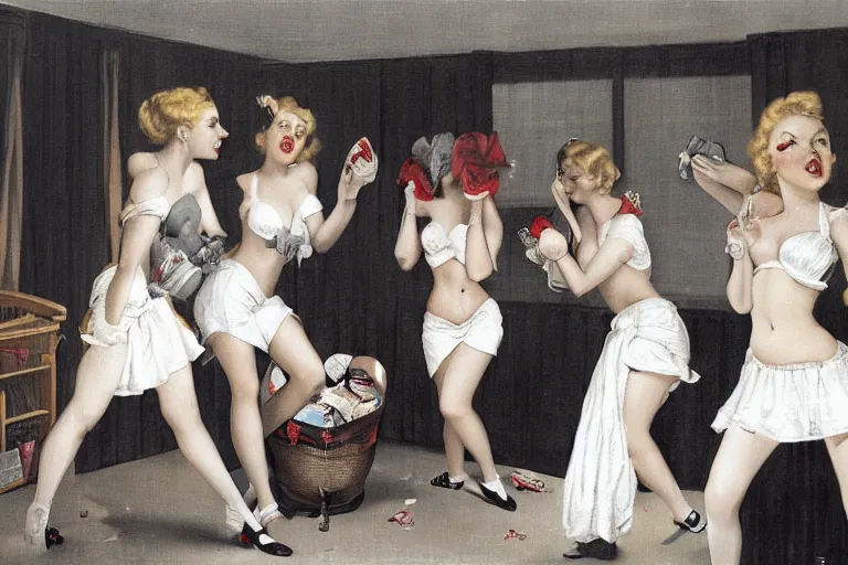 Prompt: pillow fight in the girls dormitory, concept art, by Gil Elvgren, cinematic