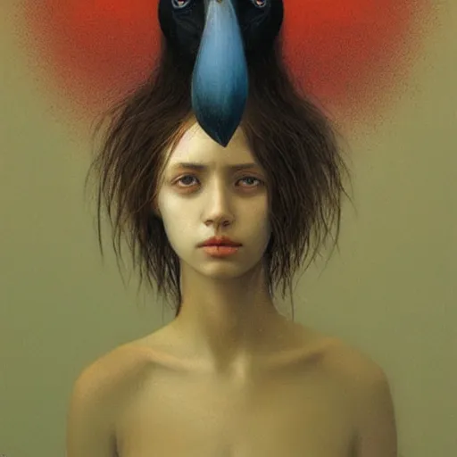 Image similar to young teen female with head of crow, painting by Beksinski