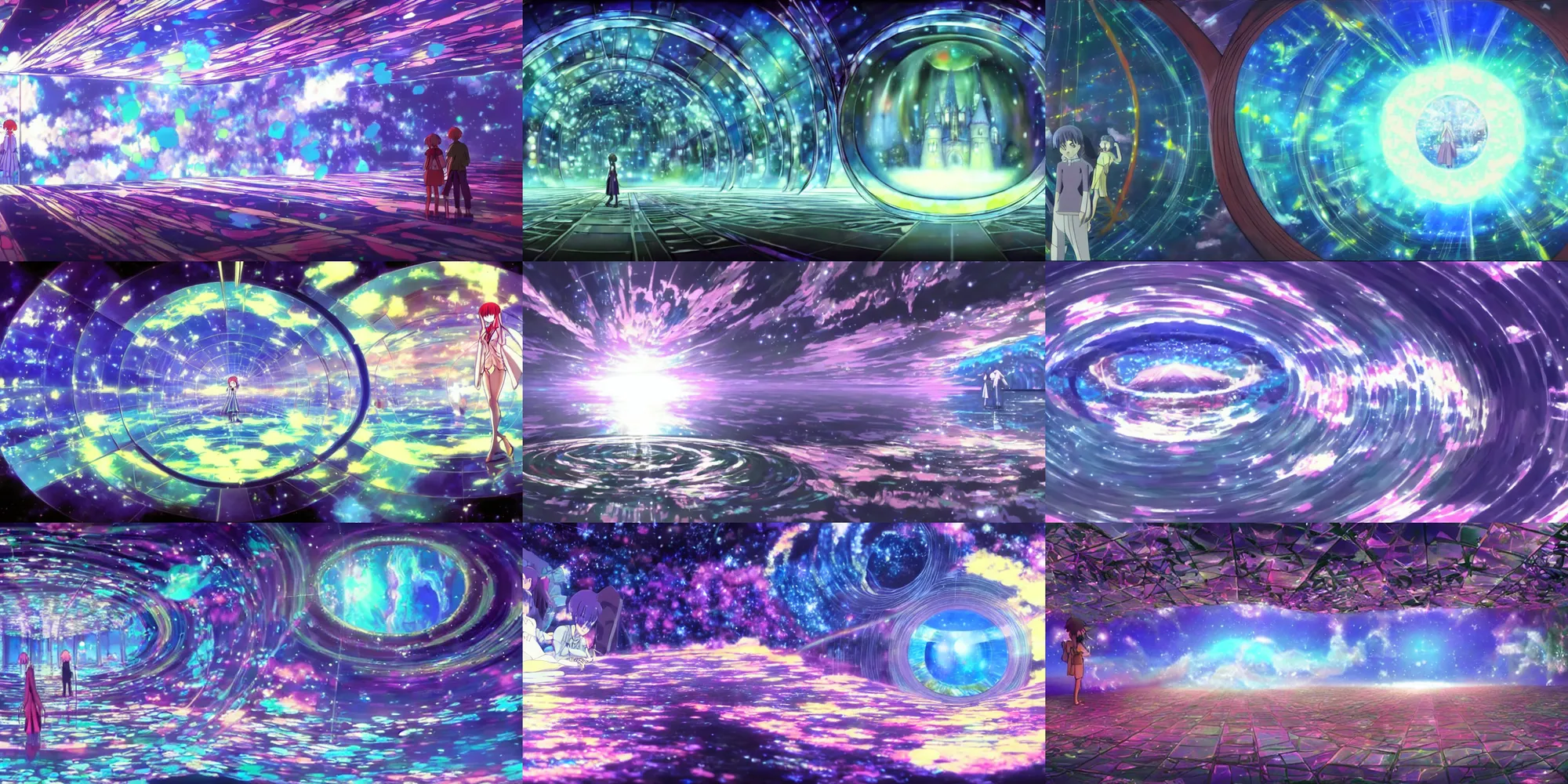 Prompt: a painting of inside the glass refractive prism of dreams ; a beyond - dimensional fantasy world, in a screenshot from the science fiction anime series