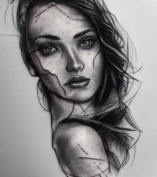Image similar to tattoo design sketch of an extremely beautiful woman face with a faded background of stunning mountain view on her side, hyper - realistic, in the style of matteo pasqualin, amazing detail, black and white, faded