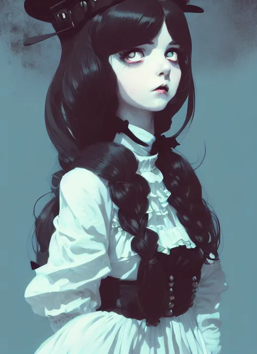 Image similar to highly detailed portrait of gothic lolita in a white dress, dark mood, by atey ghailan, by greg rutkowski, by greg tocchini, by james gilleard, by joe fenton, by kaethe butcher, gradient light blue, brown, blonde cream and white color scheme, grunge aesthetic