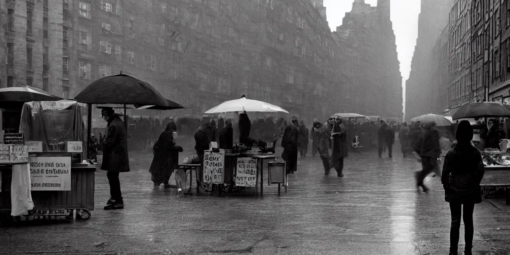 Prompt: medium shot of lonely market stall with umbrellas and sadie sink in hoodie. in ruined square, pedestrians on both sides. steampunk tenements in background : 3 5 mm film, anamorphic, from schindler's list by steven spielberg. cyberpunk, cinematic atmosphere, detailed and intricate, perfect anatomy