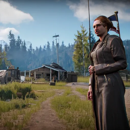 Image similar to queen elizabeth as an npc in far cry 5, ingame screenshot, 1080p