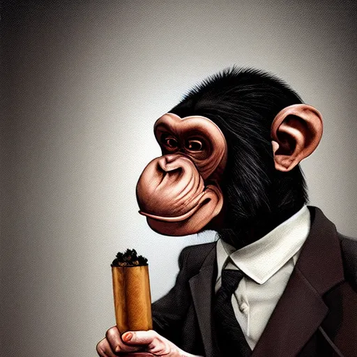 Prompt: a chimp wearing a suit smoking a cigar, dramatic lighting, cinematic, establishing shot, extremly high detail, photorealistic, cinematic lighting, artstation, style by James Gurney