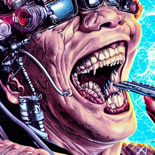 Prompt: portrait closeup of crazy terminator laughing, symmetrical, cinematic colors, by yoichi hatakenaka, masamune shirow, josan gonzales and dan mumford, ayami kojima, takato yamamoto, barclay shaw, karol bak, yukito kishiro