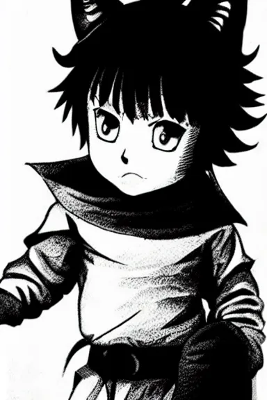 Prompt: attractive little boy in cat suit, black and white artwork made by kentaro miura and yoshihiro togashi