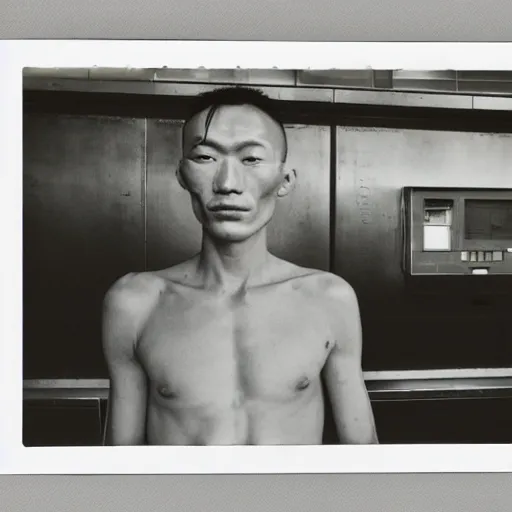 Prompt: a mongolian cyborg at a gas station, 9 0 s polaroid, by jamel shabbaz, robert mapplethorpe, davide sorrenti