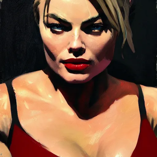 Image similar to greg manchess portrait of margot robbie as thick female bodybuilder lara croft wearing red dress, epic grimdark, fantasy, medium shot, asymmetrical, profile picture, organic painting, sunny day, matte painting, bold shapes, hard edges, street art, trending on artstation, by huang guangjian and gil elvgren and sachin teng