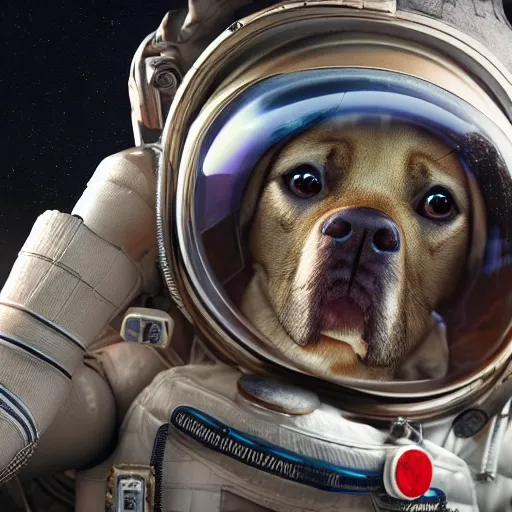 Prompt: very detailed portrait of a majestic dog, dressed in a spacesuit, sci - fi, futuristic, details, intricate, octane render.