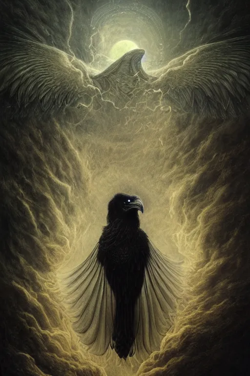 Prompt: Intricate stunning highly detailed raven by agostino arrivabene and Seb McKinnon, digital painting, mysterious, ethereal, dark, swarming swirling bats, full moon, thick swirling smoke tornado, fire embers, trending on artstation