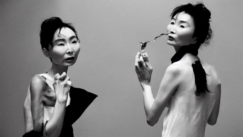 Prompt: Maggie Cheung doing vape tricks, 35mm film still, rule of thirds, by Jean Luc-Godard