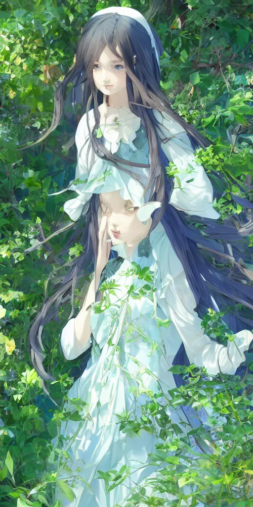 Image similar to a digital art of a loli with long hair in a dress in the privet garden at after noon, green and warm theme, blue accents, by krenz cushart and mucha and akihito yoshida and greg rutkowski and makoto shinkai, low angle, back lighting, detailed eyes, 4 k resolution, trending on art station