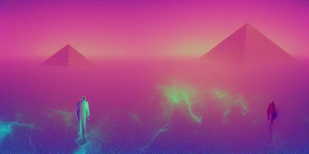 Prompt: purple digital desert, dawn, man in holographic coat, pyramids on the horizon, abstract holographic pastel, 1 9 8 0 s retro futuristic art, synthwave, vaporwave style