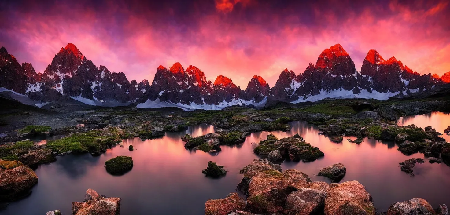 Image similar to amazing landscape photo of mountains with lake in sunset by marc adamus, beautiful dramatic lighting