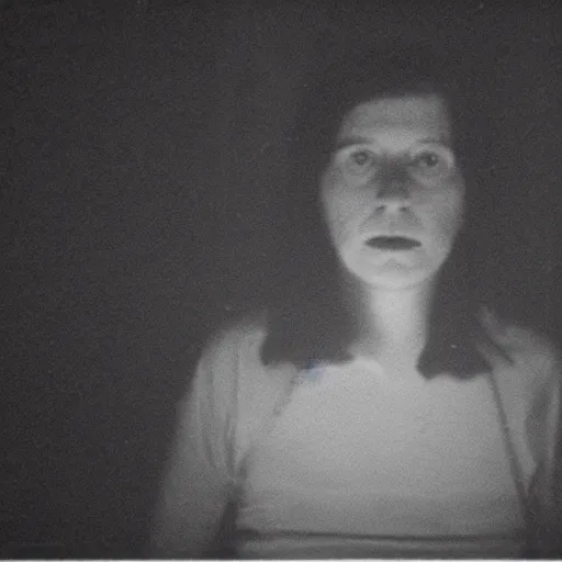 Prompt: still from a homemade video of some horrors thomas ligotti has described, she listens to prurient, photo, black and white, the background is unsafe, insanely detailed, foggy like in norwegian black metal aesthetic