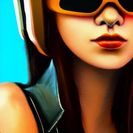 Image similar to closeup painting of a very beautiful young mexican cyberpunk woman with a smirk, wearing light blue shutter shades and a dark brown leather jacket, one side haircut, long brown hair with light blue ends, portrait, hyperdetailed, artstation, cgsociety, 8 k, synthwave by tangerine dream