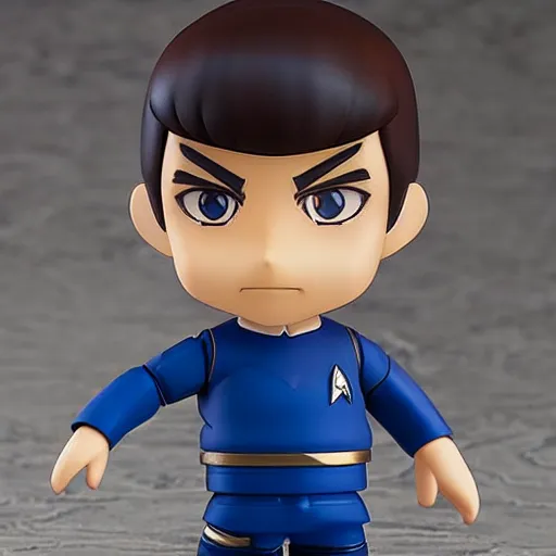 Image similar to spock from the tv series star trek as an anime nendoroid, doing his signatory handsign, serious look, pointed ears, spock haircut, starfleet uniform, detailed product photo