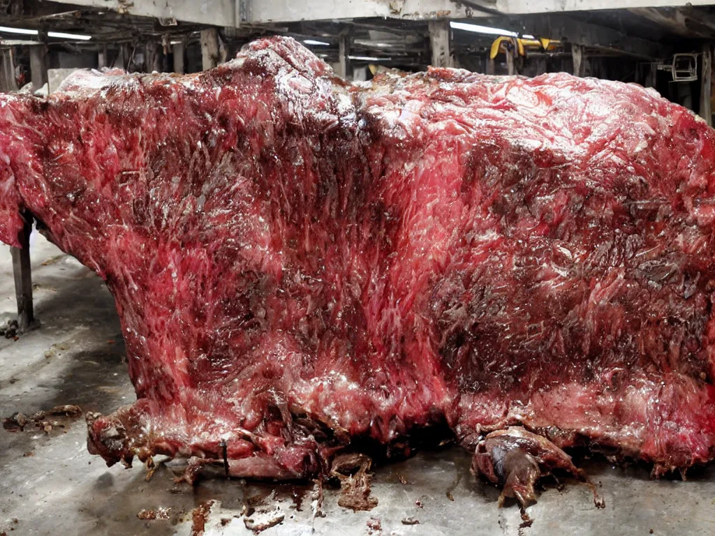 Image similar to shiny slab of beef being eaten by flies, warehouse, slaughterhouse, nightmare, horror,