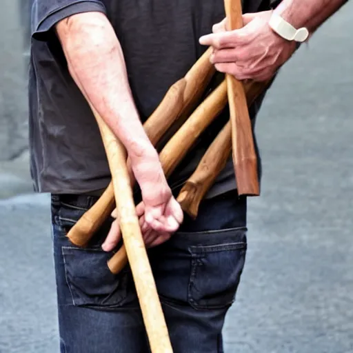 Prompt: a man holding a long stick with a bag attached at the end,