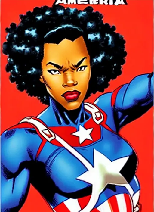 Image similar to beautiful black female captain america. afro - feminist captain america wins wwii. american wwii propaganda poster by james gurney, rob liefeld and pixar. gorgeous face. overwatch, realistic. black power