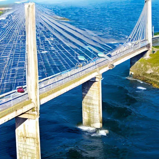 Prompt: A bridge connecting Europe and North America on the Atlantic Ocean, bird's eye view.