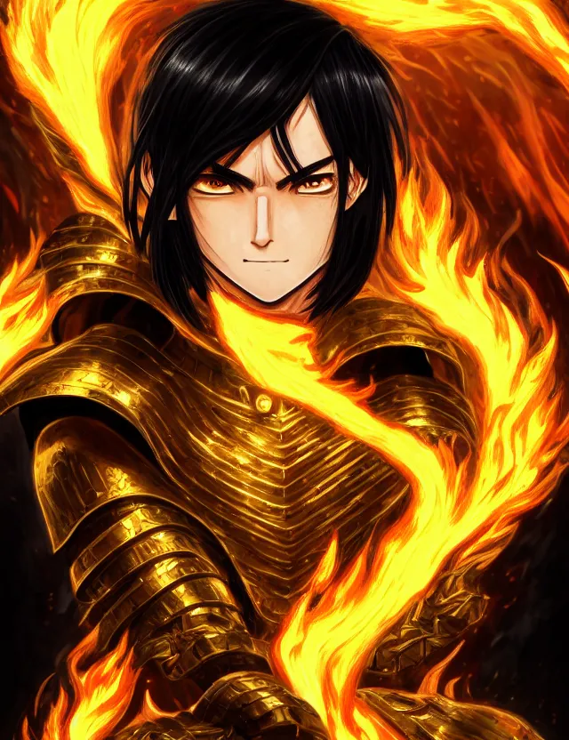 Image similar to a detailed manga portrait of a black haired man with hazel eyes in gleaming golden armour that burns with golden fire, trending on artstation, digital art, 4 k resolution, detailed, high quality, sharp focus, hq artwork, coherent, insane detail, character portrait