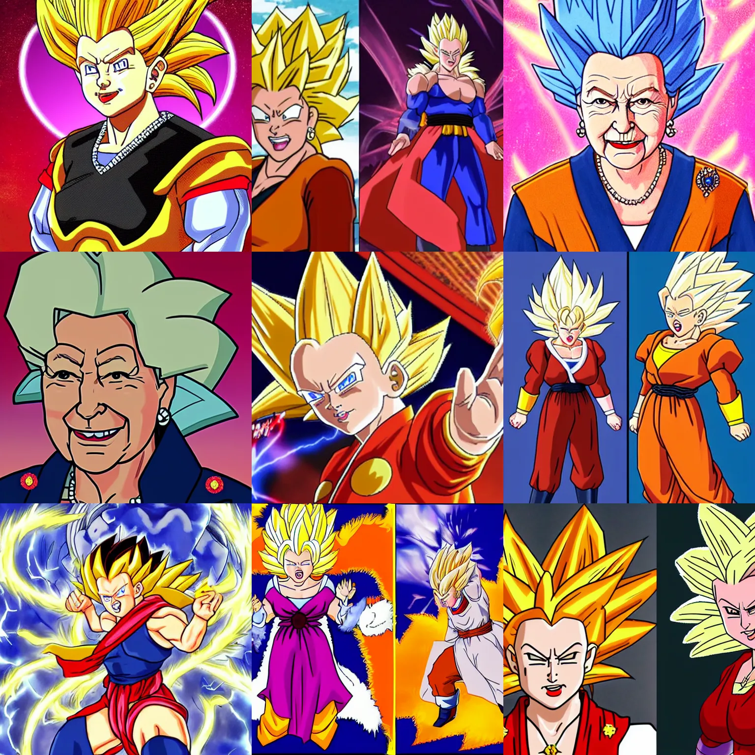 Prompt: Queen Elizabeth as a super saiyan