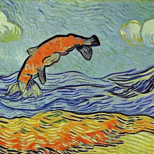Prompt: salmon jumping out of the river on a sunny day. by van gogh.