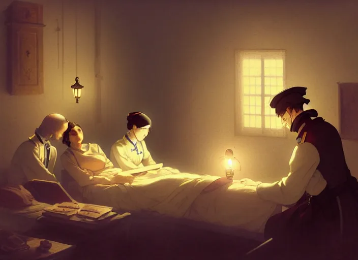 Image similar to 1 8 5 5 crimea, army hospital at night, patients sleeping, florence nightingale holding lamp, visiting the soldiers to make sure they were comfortable, wounded patients, finely detailed perfect art, painted by greg rutkowski makoto shinkai takashi takeuchi studio ghibli