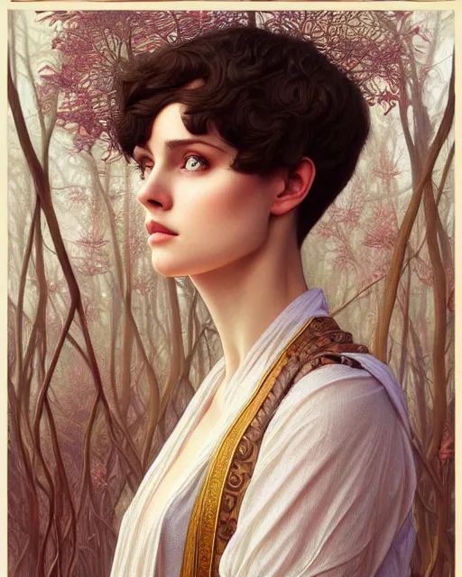 Prompt: symmetry portrait of welsh brunette student in mans tunic, tomboy, short hair, forest, intricate, elegant, highly detailed, digital painting, artstation, concept art, smooth, sharp focus, illustration, art by artgerm and greg rutkowski and fra angelico and alphons mucha