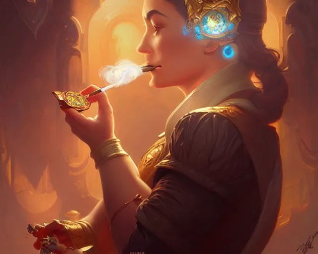 Image similar to mario smoking, fantasy, intricate, elegant, highly detailed, digital painting, artstation, concept art, matte, sharp focus, illustration, hearthstone, art by Artgerm and Greg Rutkowski and Alphonse Mucha